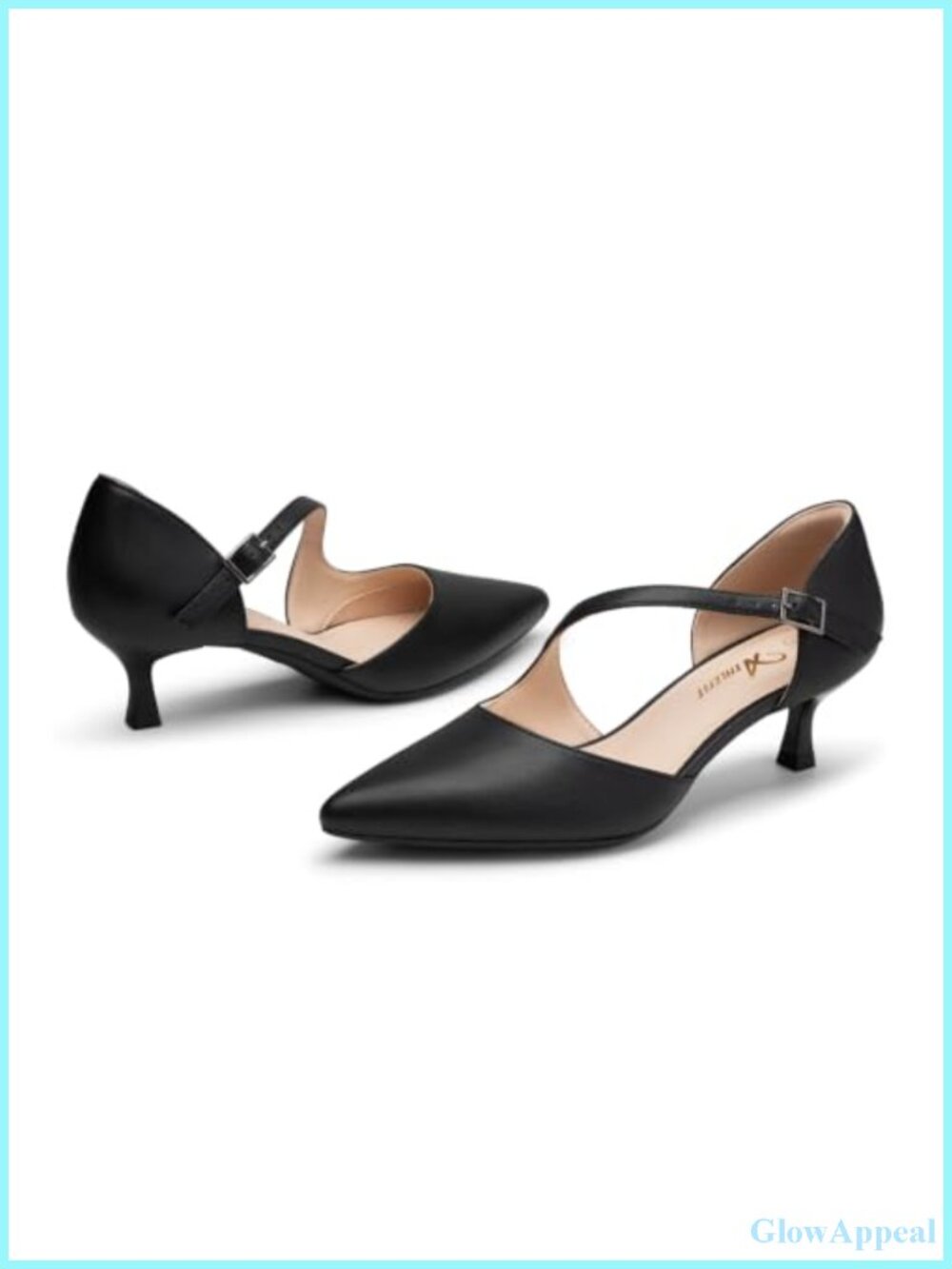 Low Kitten Heel Pointed Toe Pumps Ankle Strap - Picture 3 of 6